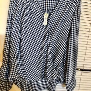 Max Studio Tops | Plaid Print Crossover Blouse | Color: Navy/Cream | XL